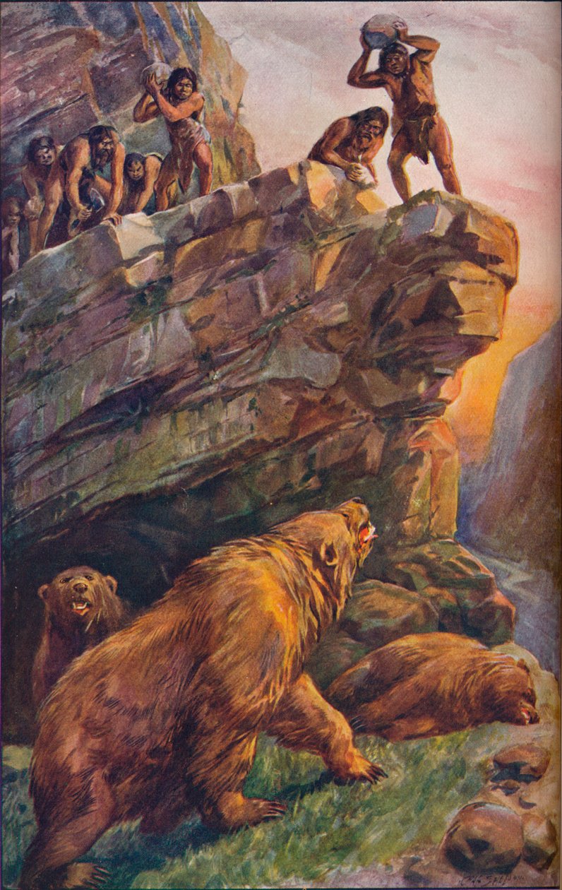 Hommes préhistoriques attaquant de grands ours des cavernes, 1907 - Unbekannt