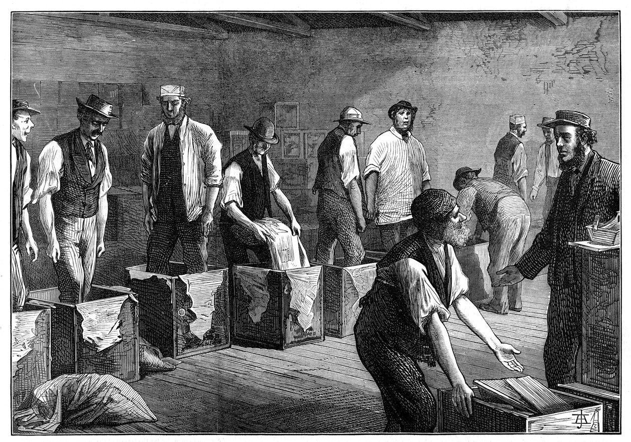 Remplissage des coffres dans un entrepôt de thé, 1874 - Unbekannt