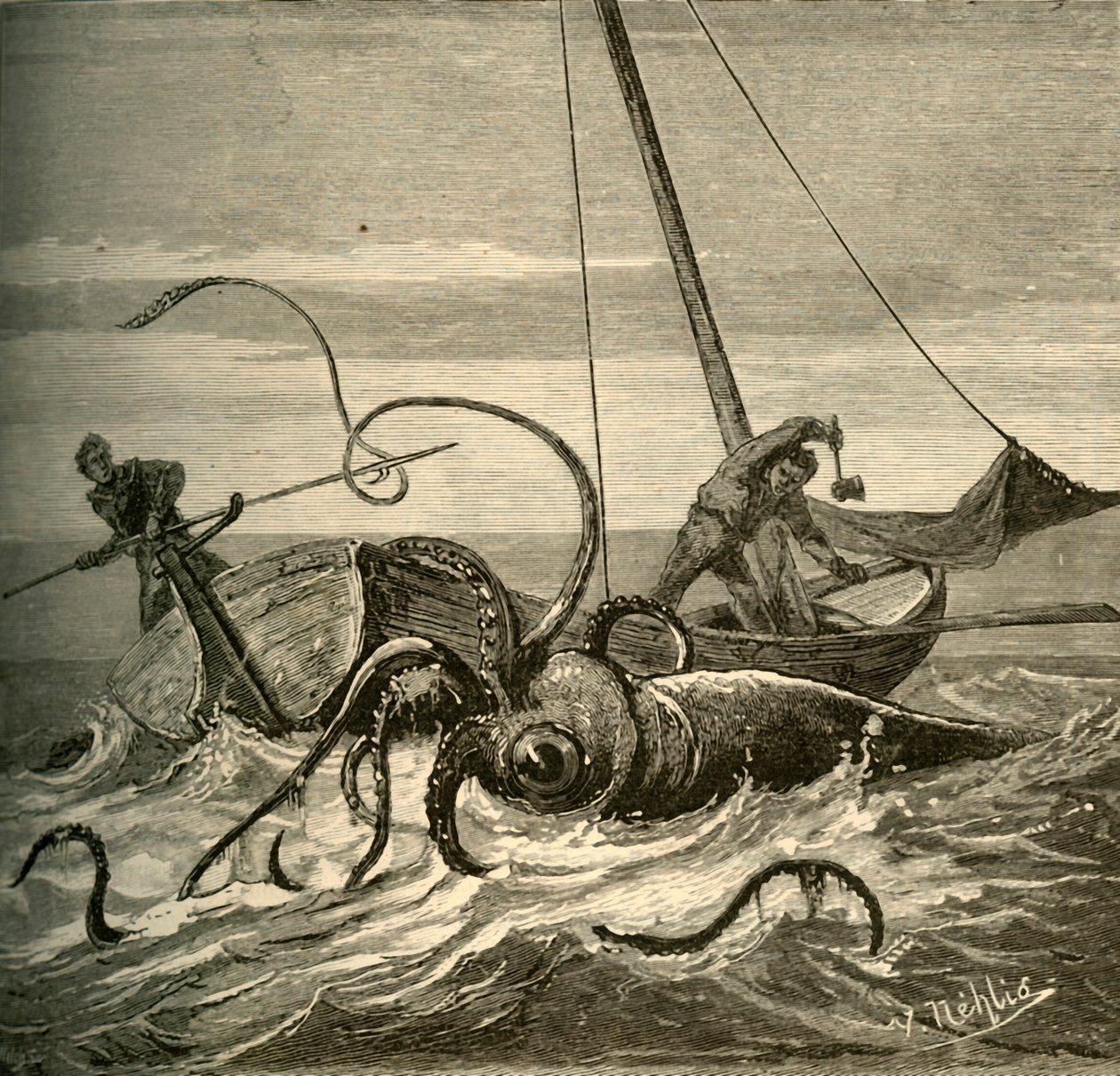 Les pêcheurs combattent le calmar géant, 1881 - Unbekannt