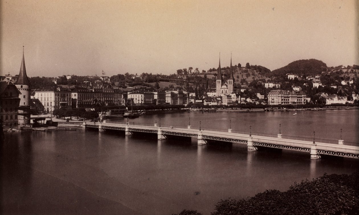 Pont sans titre avec ville au loin, 19e siècle - Unbekannt