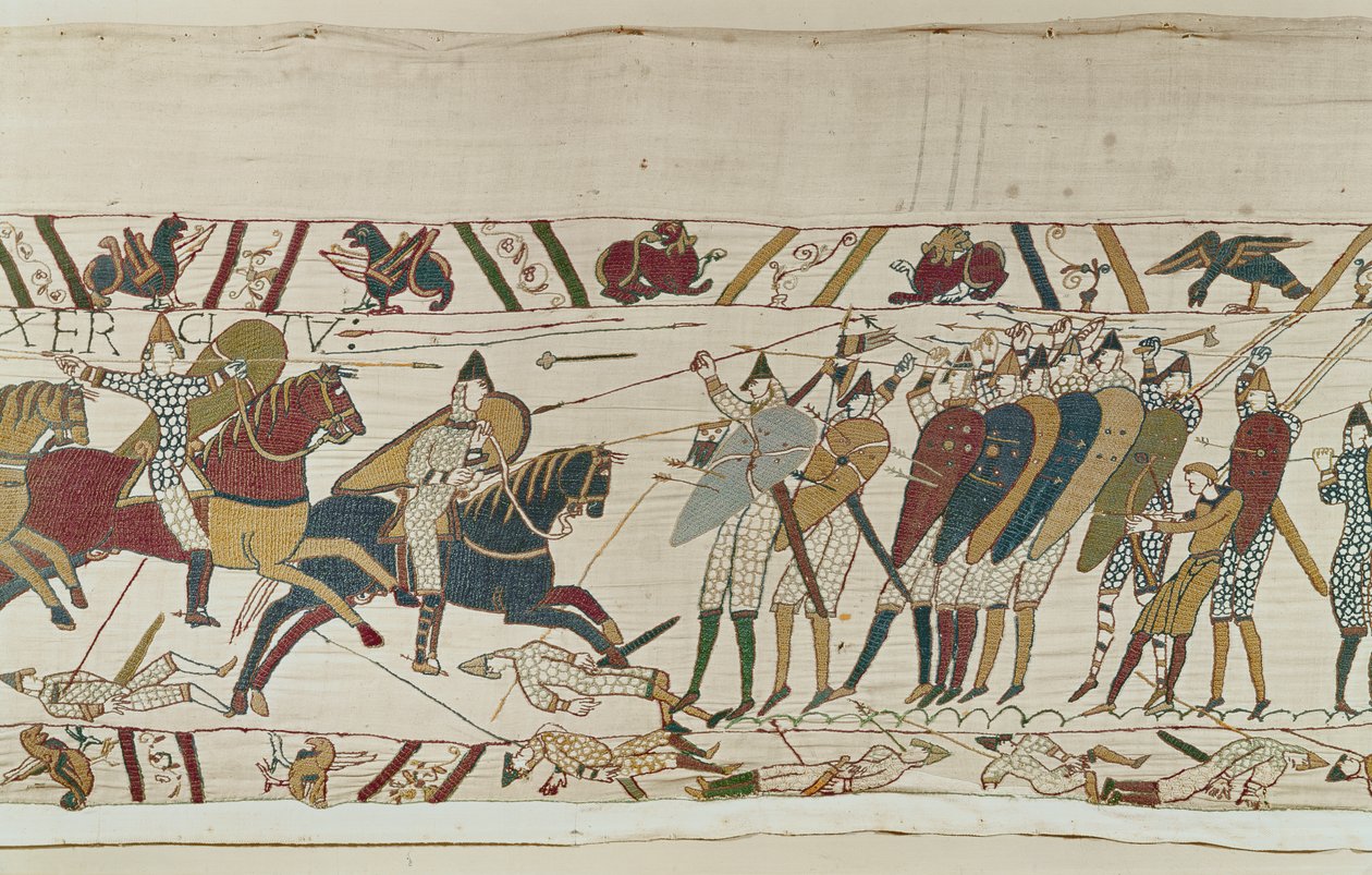 La bataille commence alors que la cavalerie normande attaque le mur de boucliers anglais, Tapisserie de Bayeux - Unbekannt Unbekannt