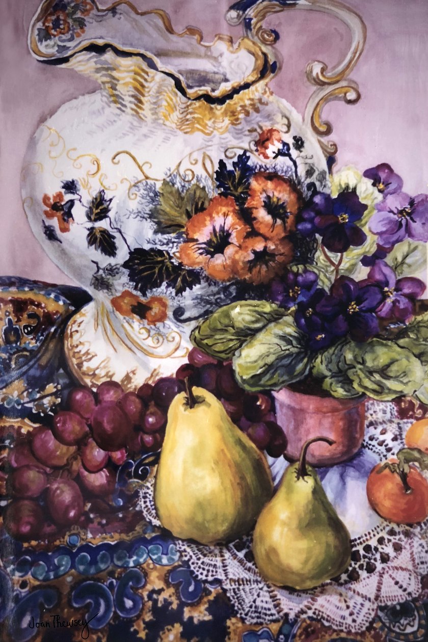 Violettes africaines avec pichet victorien et poires - Unbekannt Unbekannt
