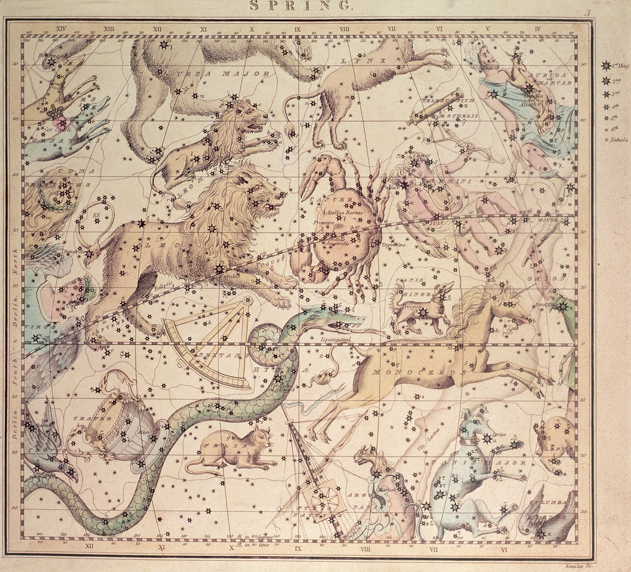 Carte céleste : Printemps, montrant les signes du zodiaque, des instruments astrologiques et les positions des étoiles, gravée par John Emslie - Unbekannt Unbekannt