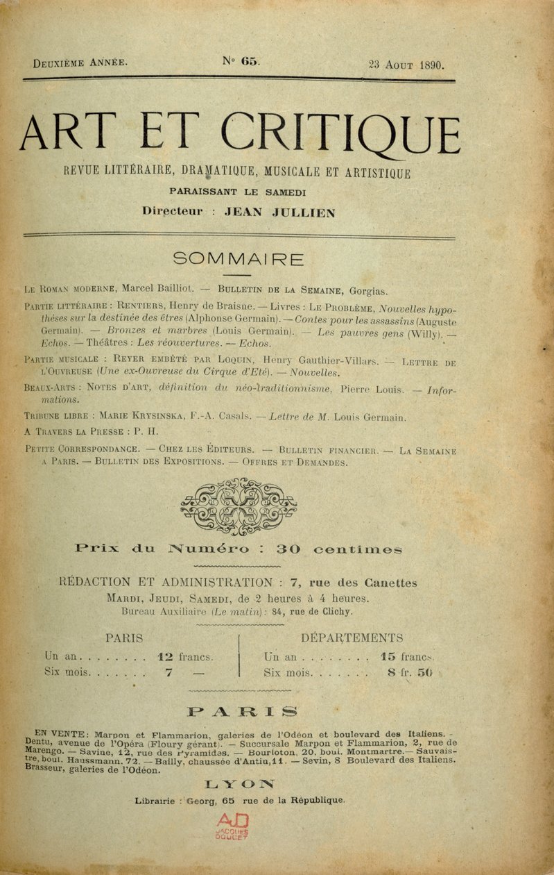 Frontispice de la revue "Art et Critique", 23 août 1890 - Unbekannt Unbekannt