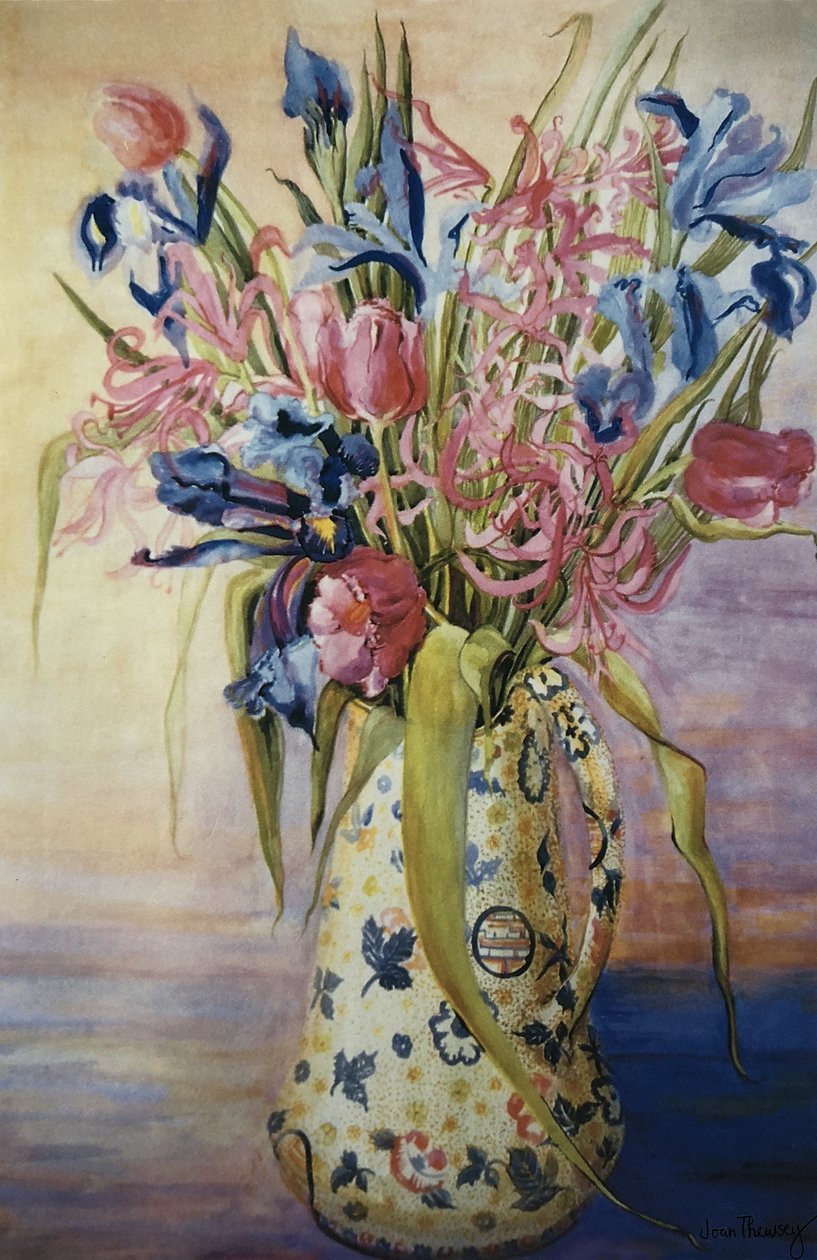 Iris, tulipes et lys araignée roses dans un pichet japonais - Unbekannt Unbekannt