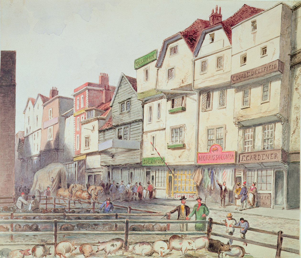 Vue de Long Lane, avec des cochons dans des enclos dans une partie du marché de Smithfield, 1844 - Unbekannt Unbekannt
