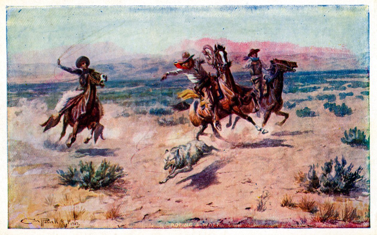 Cowboys à cheval attrapant un loup - Unbekannter Künstler