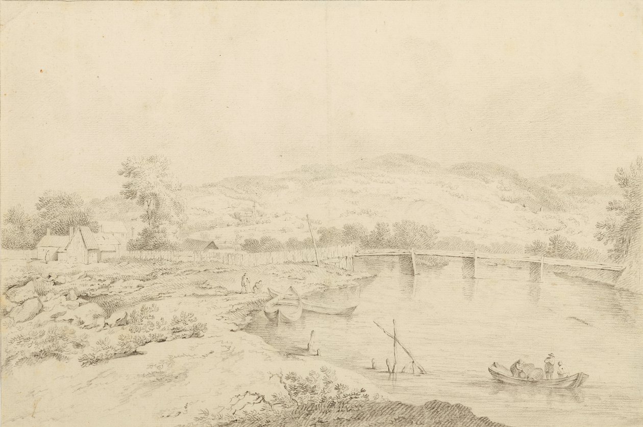 Paysage au bord de la rivière, avec ponts et bateaux - Unbekannter Künstler