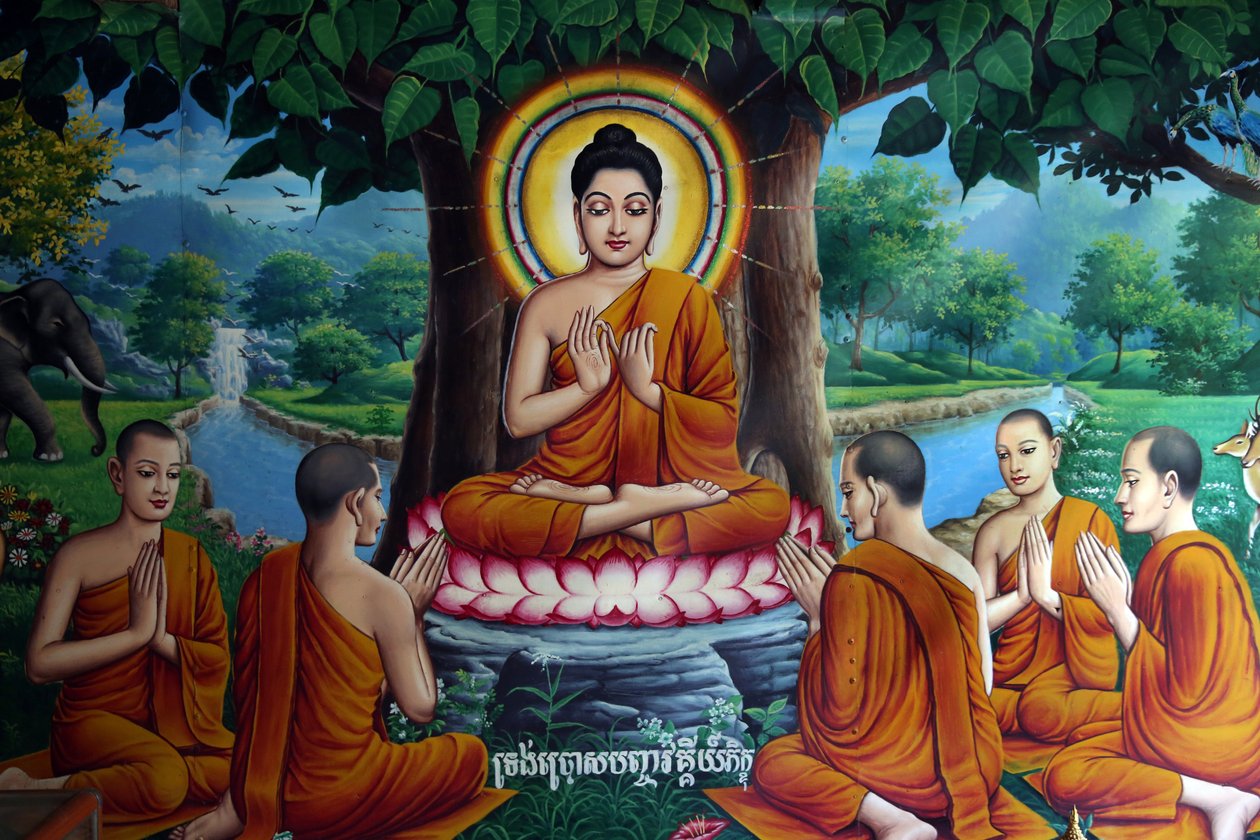 Fresque du temple représentant Bouddha avec des disciples. Cambodge - Unbekannt