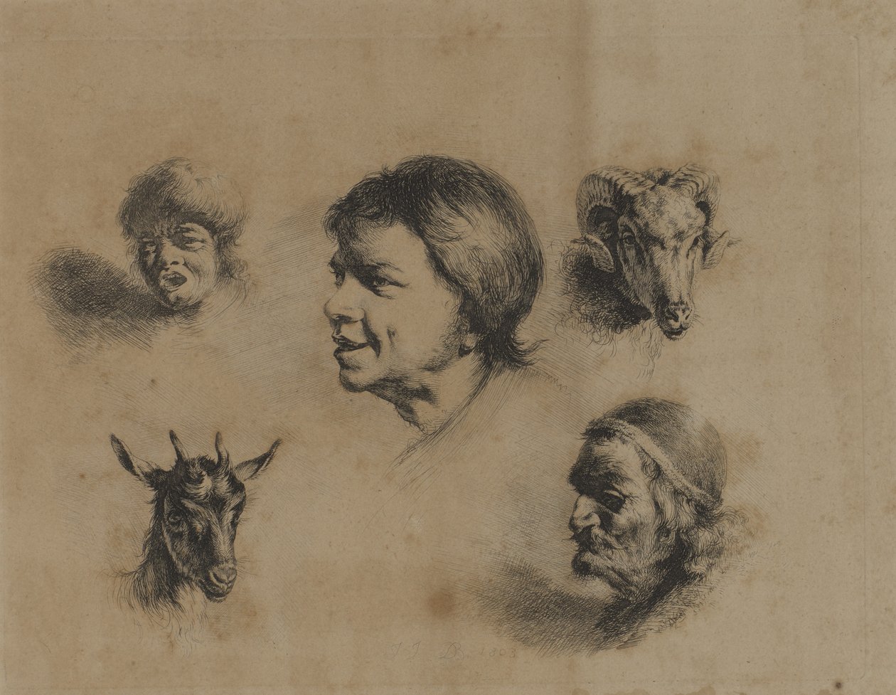 Têtes--Trois personnes, deux animaux - Unidentified