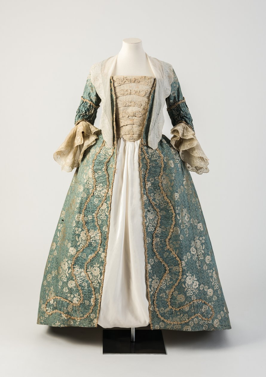 Robe ouverte en soie tissée bleue et crème avec ruches, 1750s - Unbekannt Unbekannt