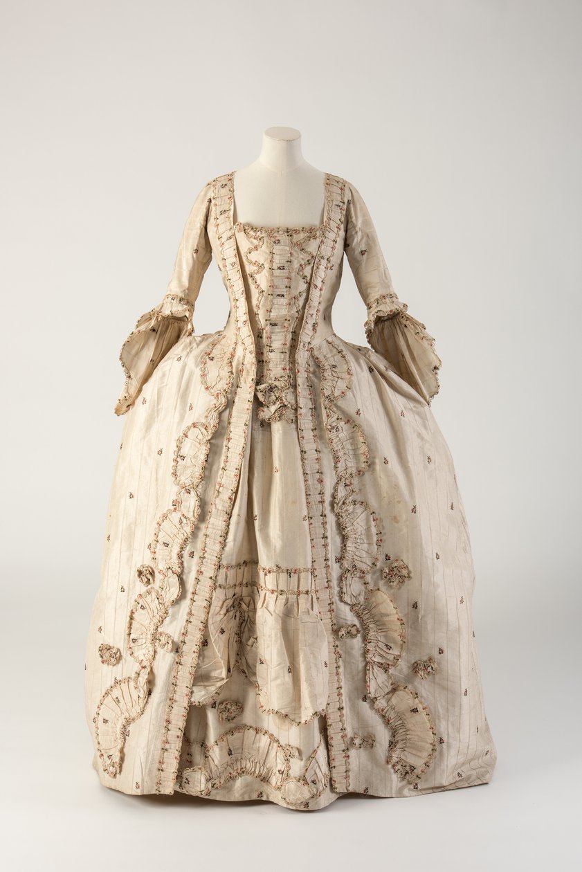 Robe à la française en soie rayée et figurée crème, 1770s - Unbekannt Unbekannt