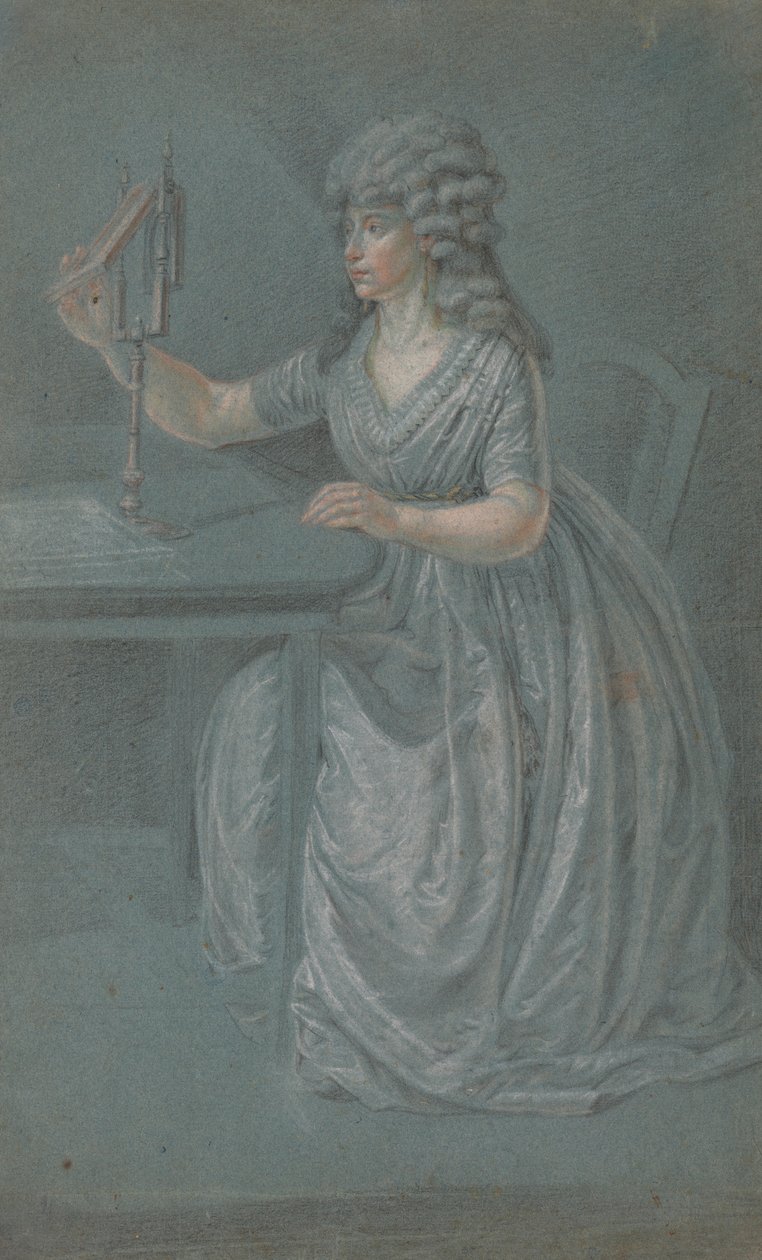 Une femme assise tenant un physiognotrace - Unknown
