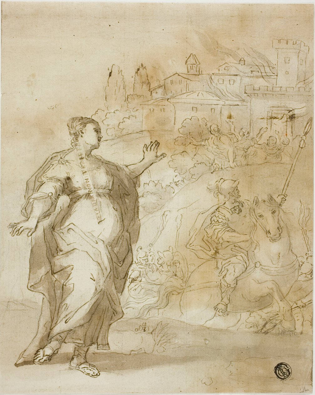 Cassandra devant la ville en flammes de Troie - Unknown