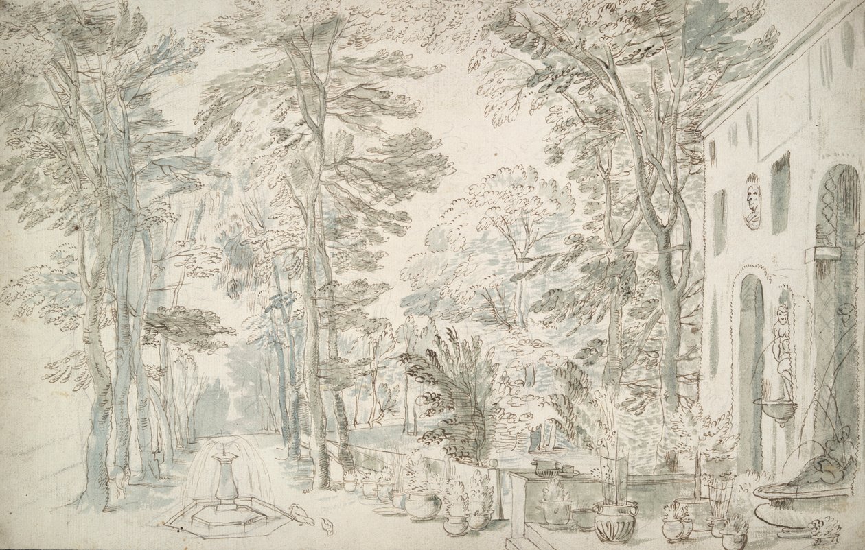 Jardin avec fontaines et arbustes en pot - Unknown