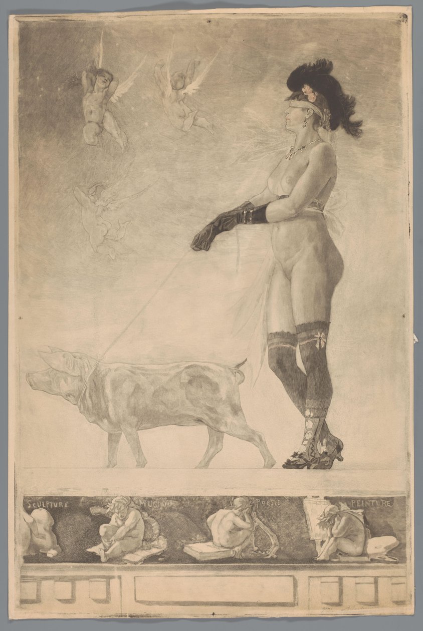 Femme nue aux yeux bandés guidée par un cochon - Unknown