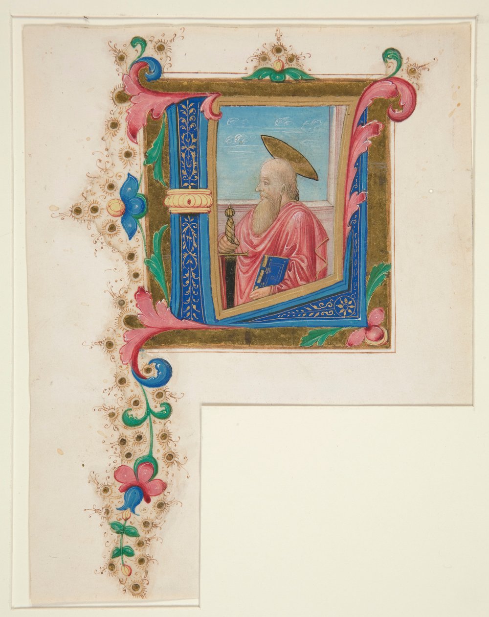 Initiale L, avec un saint à l