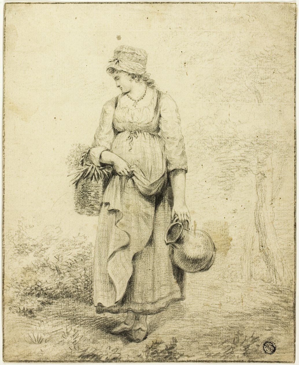 Fille debout tenant un pichet et un panier - Unknown