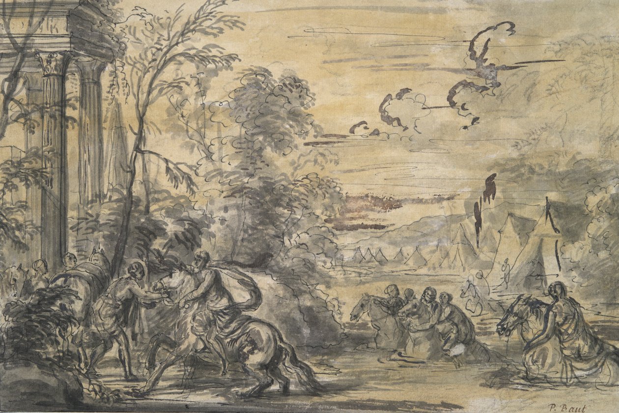 Femme à cheval traversant un ruisseau - Unknown