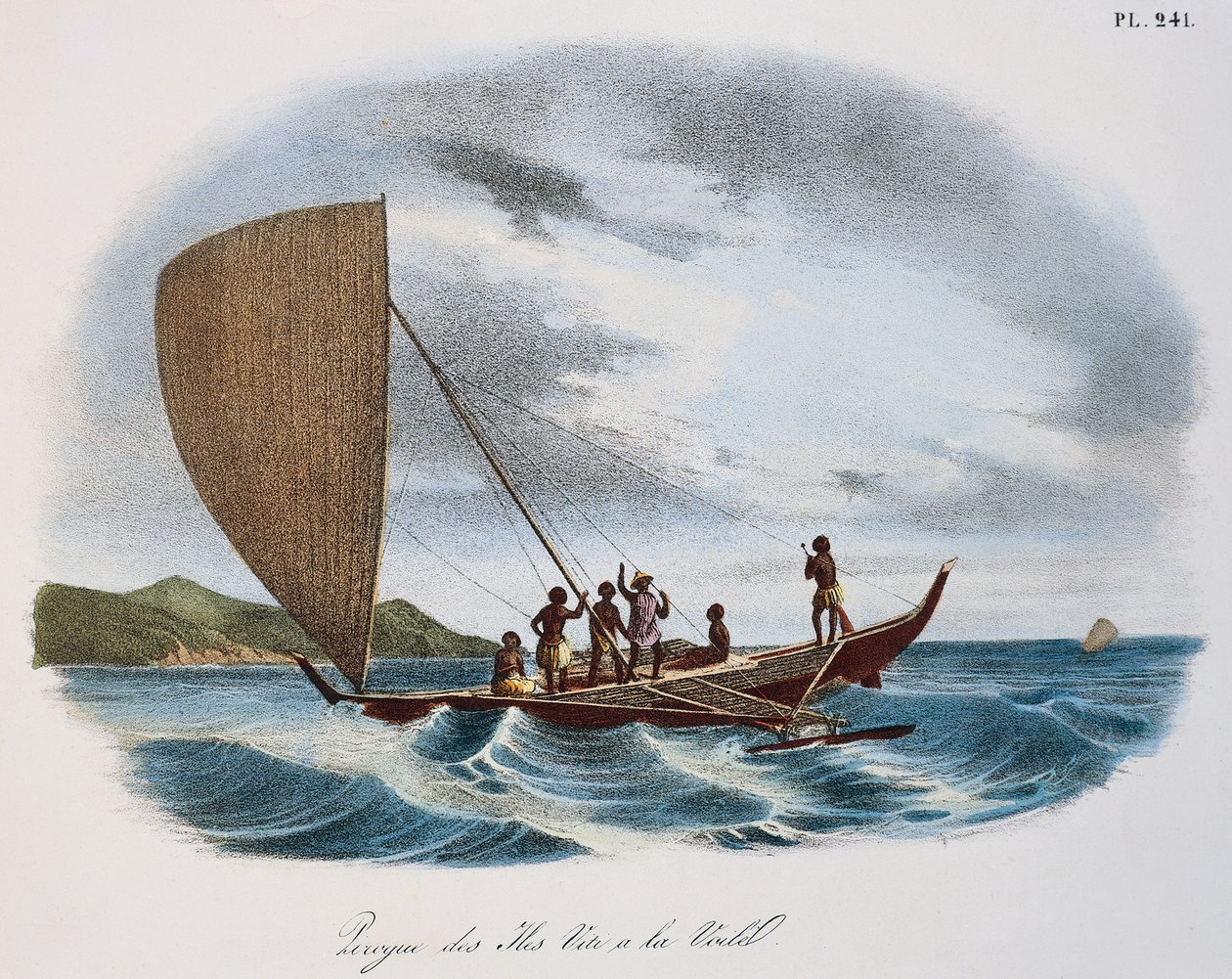 Pirogue à voile fidjienne, gravure en couleur - Unknown artist