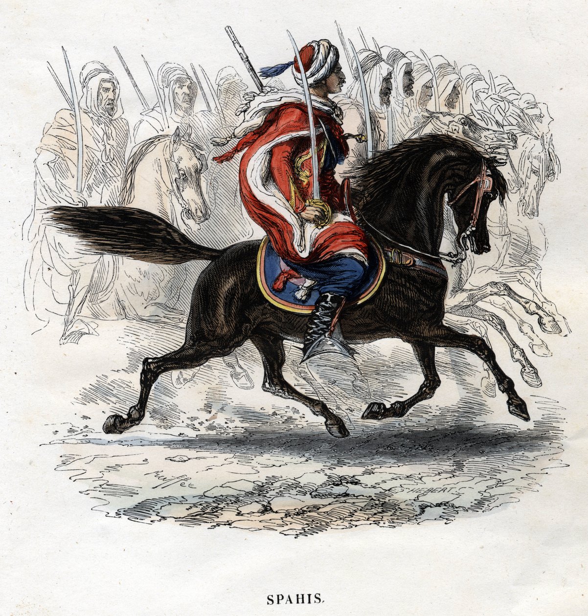 Spahis à cheval. Gravure de 1844. - Unknown artist