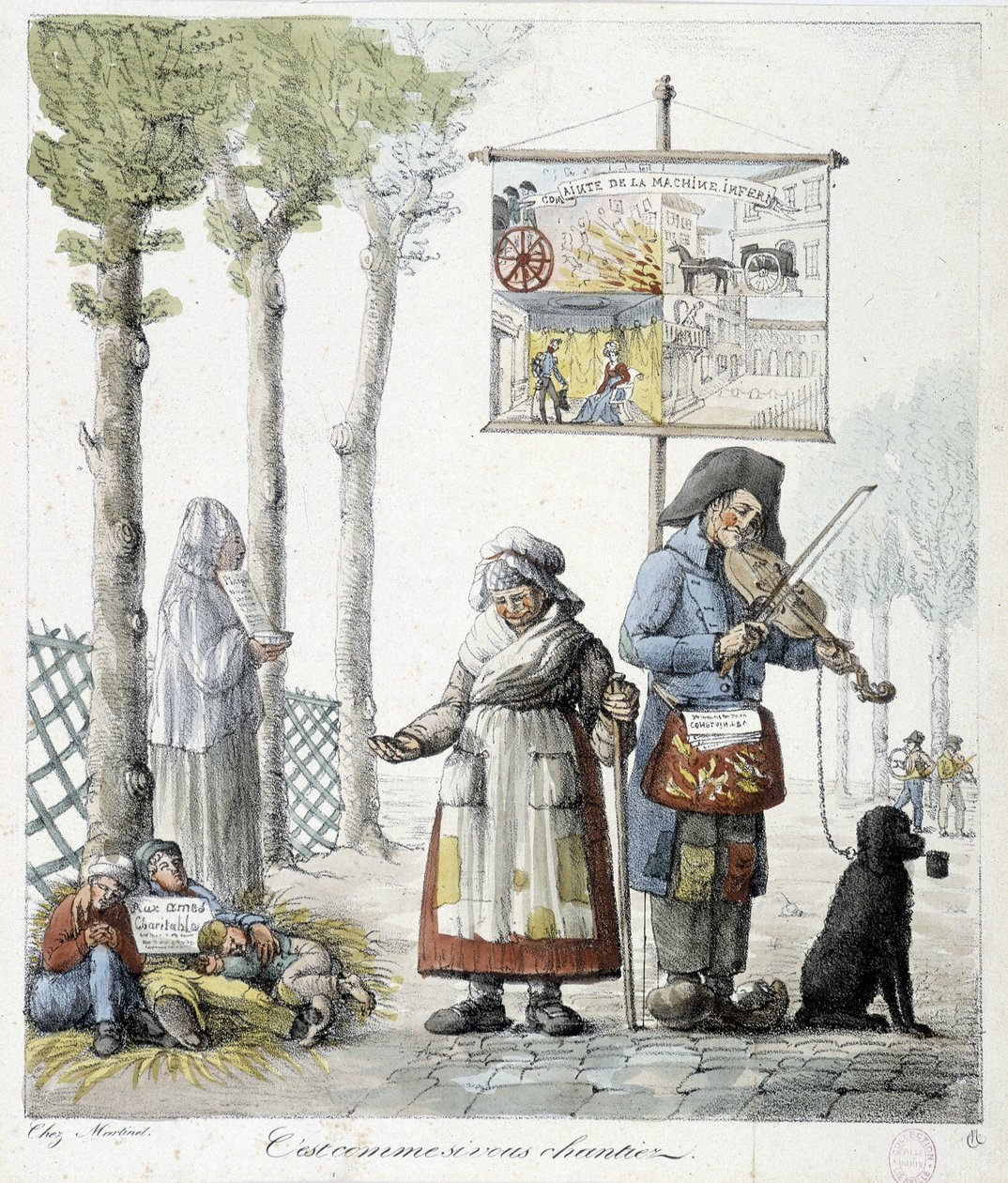 Musiciens de rue, enfants mendiants - lithographie - Unknown artist