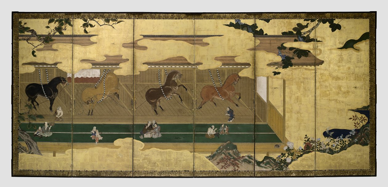 Chevaux dans les écuries (Umaya-zu byobu) - Unknown artist