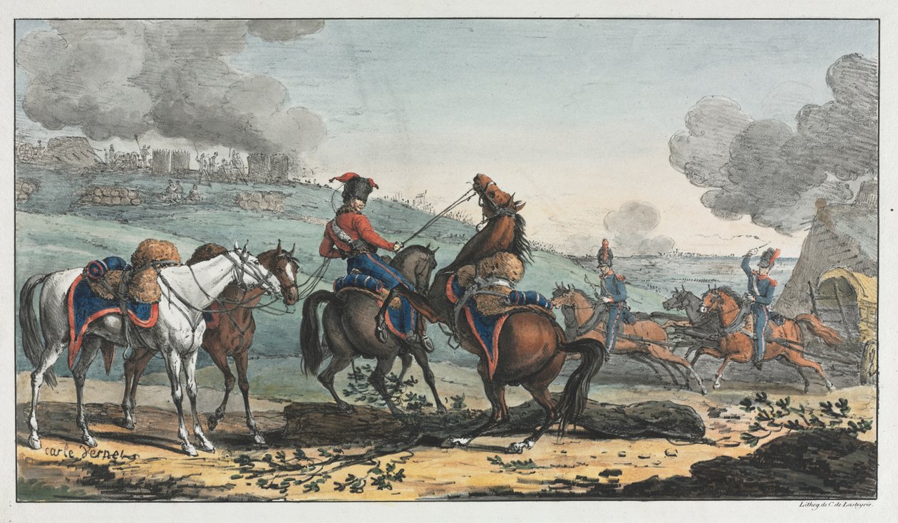 Artilleur monté menant trois chevaux - Unknown artist
