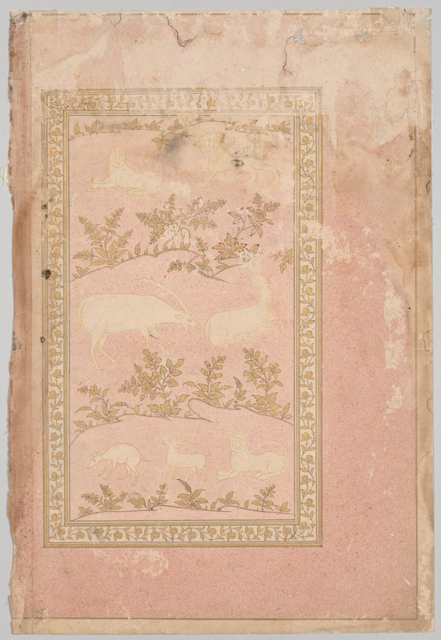 Scènes pochoirées de lion et de gazelle (verso) - Unknown artist