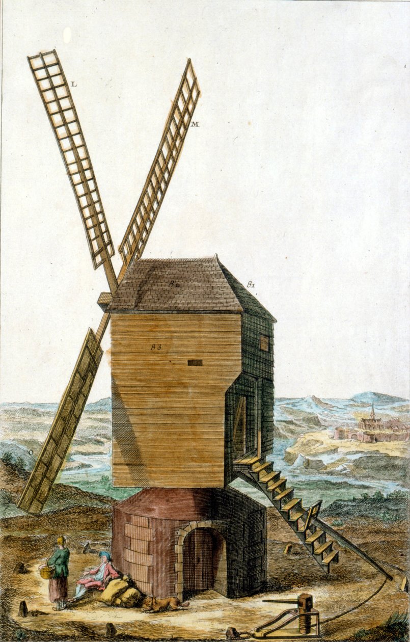 Moulin à vent. Gravure du 18ème siècle. - Unknown artist