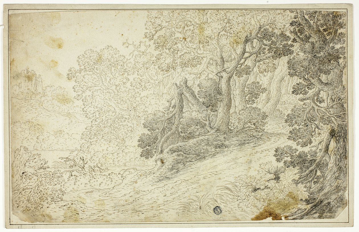 Paysage fluvial boisé avec vue sur un château - Unknown artist