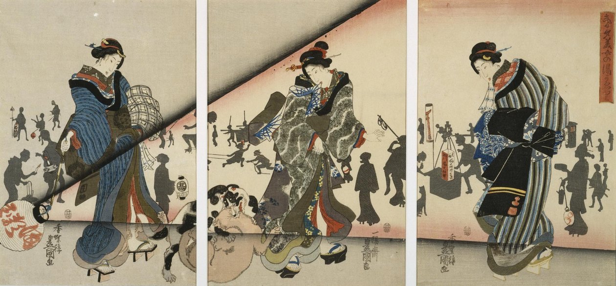 Scène nocturne avec filles, animaux et lanternes - Utagawa Kunisada