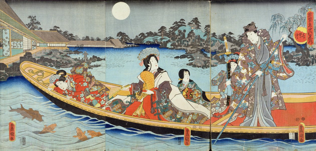 Triptyque représentant un prince, une princesse et des dames de cour en bateau sur un étang de jardin sous une pleine lune en juin, probablement du 