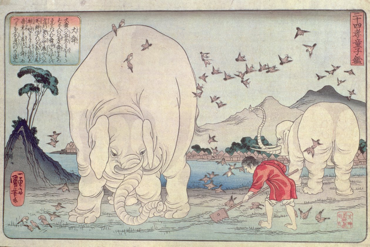 Vingt-quatre parangons : Tai Shun et les éléphants, pub. vers 1830 - Utagawa Kuniyoshi
