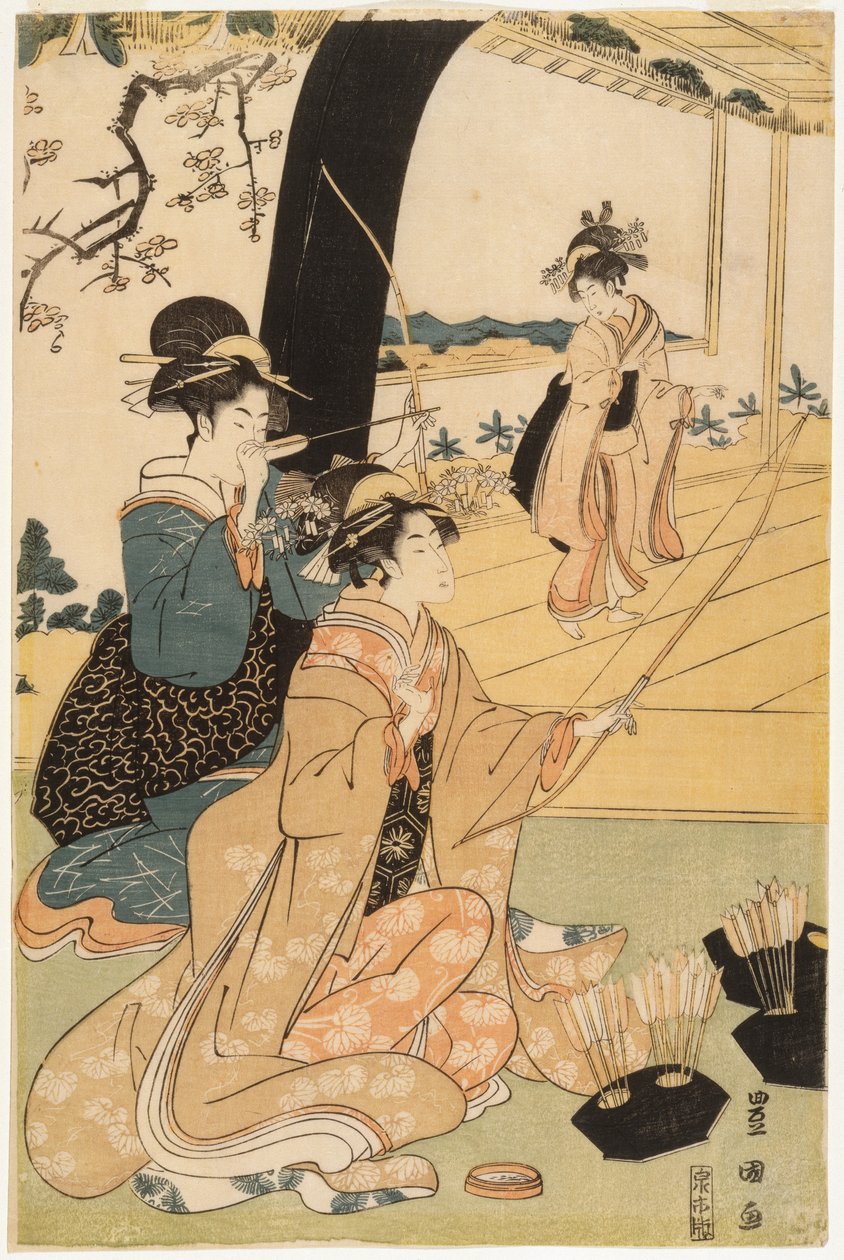 Jeune samouraï et assistantes féminines pratiquant le tir à l
