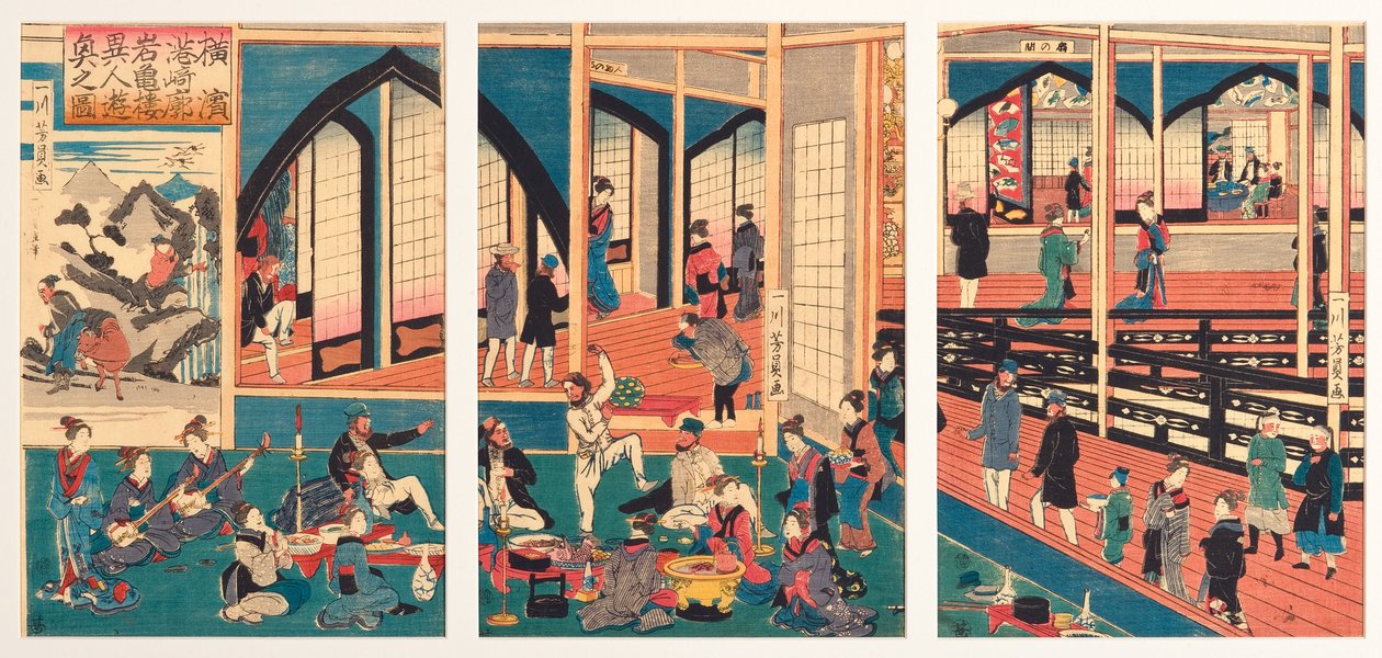 Étrangers reçus au Gankiro à Miyosaki à Yokohama, janvier 1861 (gravure sur bois) - Utagawa Yoshikazu