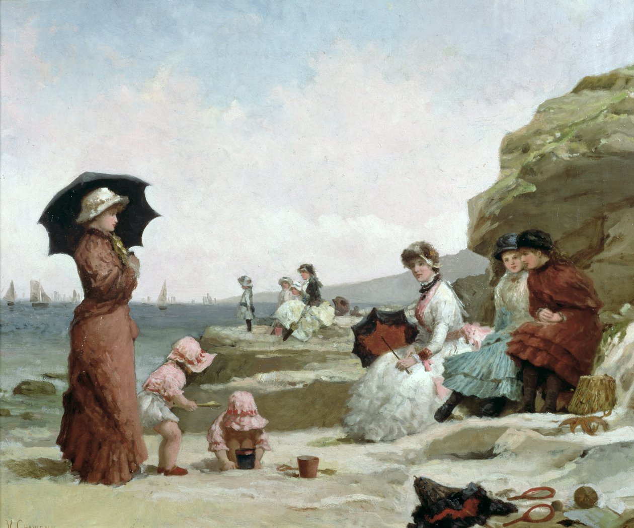 Paysage marin, figures sur la plage, vers 1870 - V. Chavigny