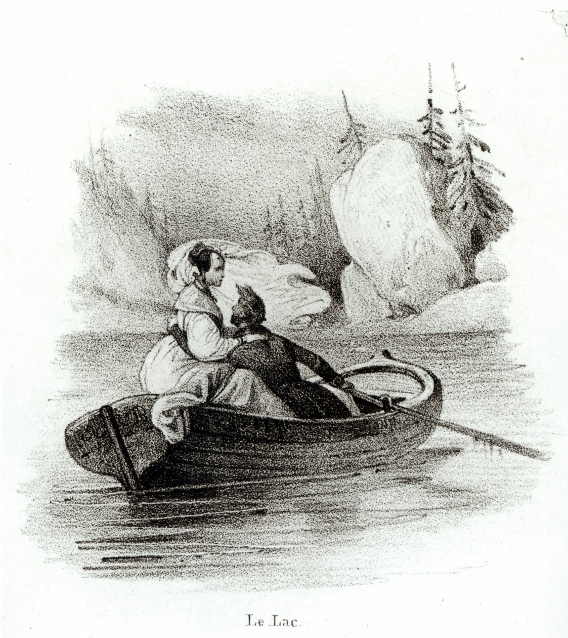 Alphonse de Lamartine (1790-1869) et Elvire sur le lac du Bourget, gravé par Alfred Lemercier - Victor Adam