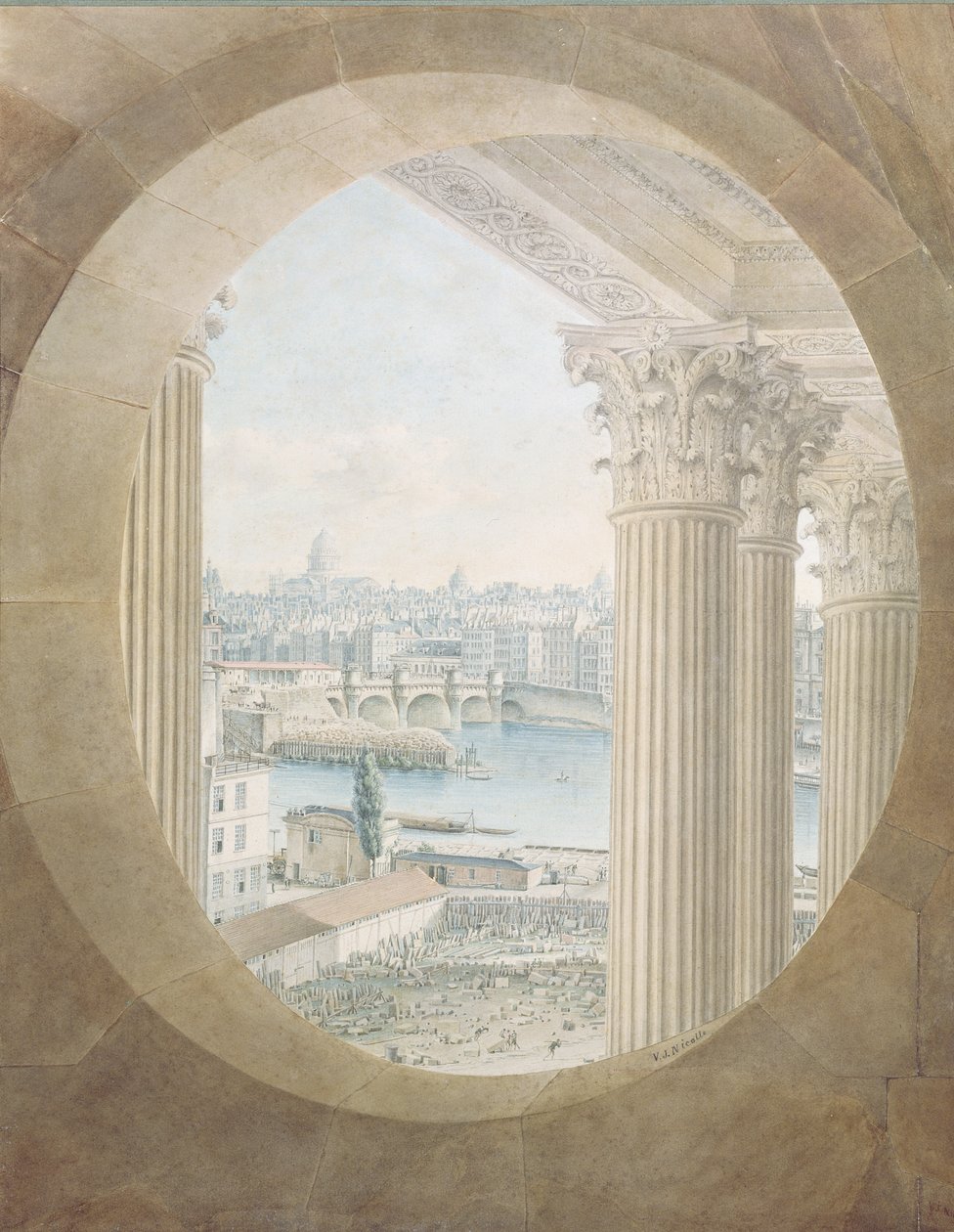 Vue du Pont Neuf depuis une fenêtre en œil-de-bœuf du Louvre, 1810 - Victor Jean Nicolle