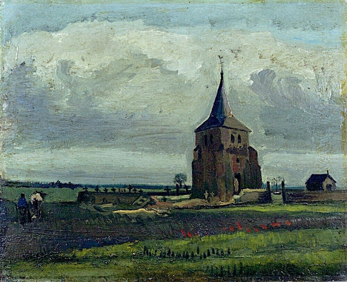 La vieille tour du cimetière à Nuenen avec des paysans labourant - Vincent van Gogh