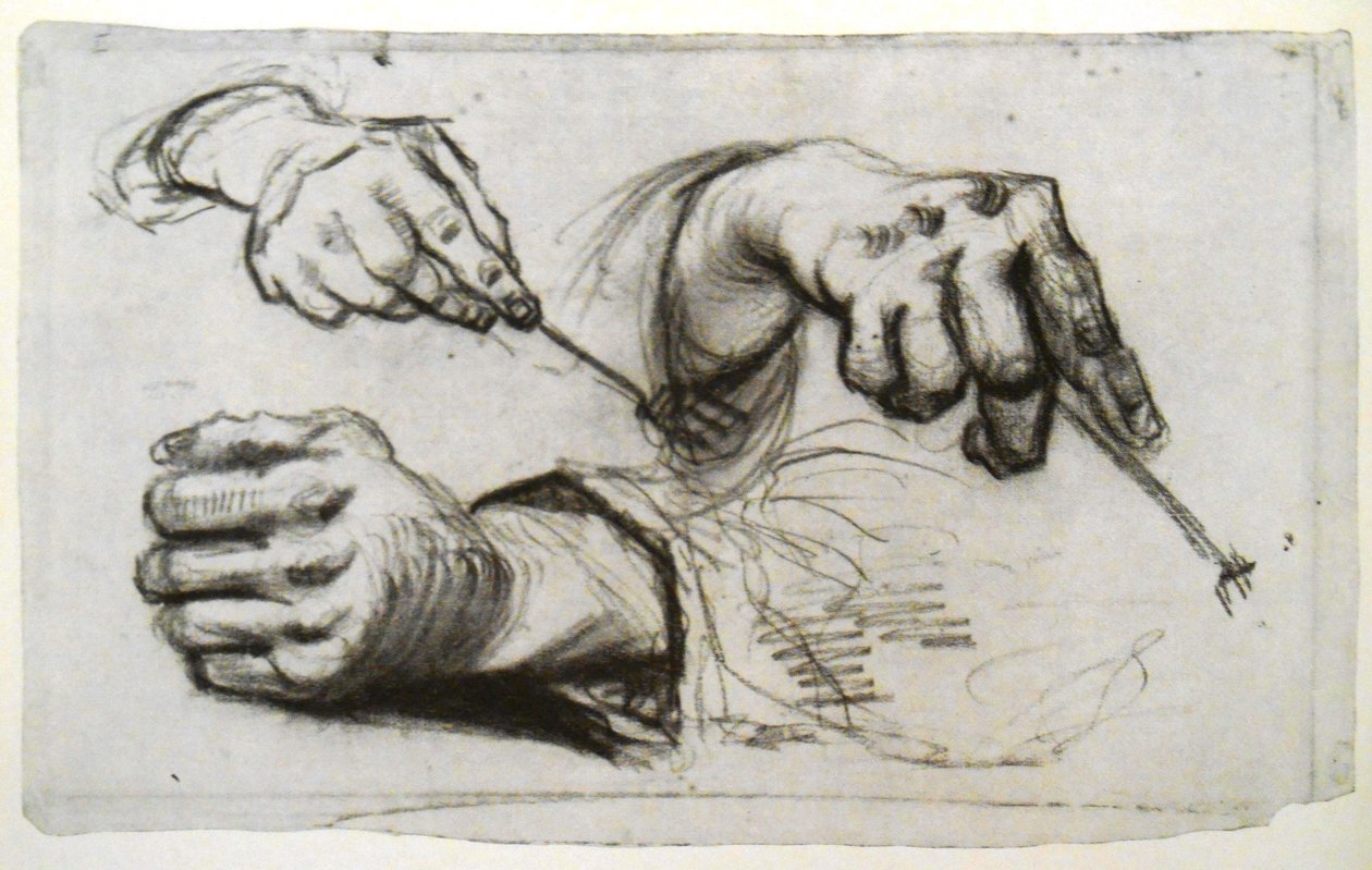 Trois mains, deux tenant une fourchette - Vincent van Gogh