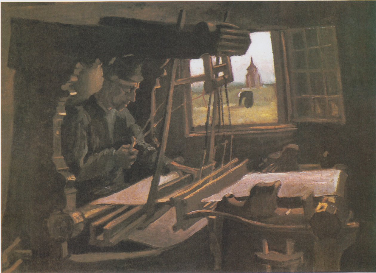 Tisserand devant une fenêtre ouverte avec vue sur la tour de Nuenen - Vincent van Gogh