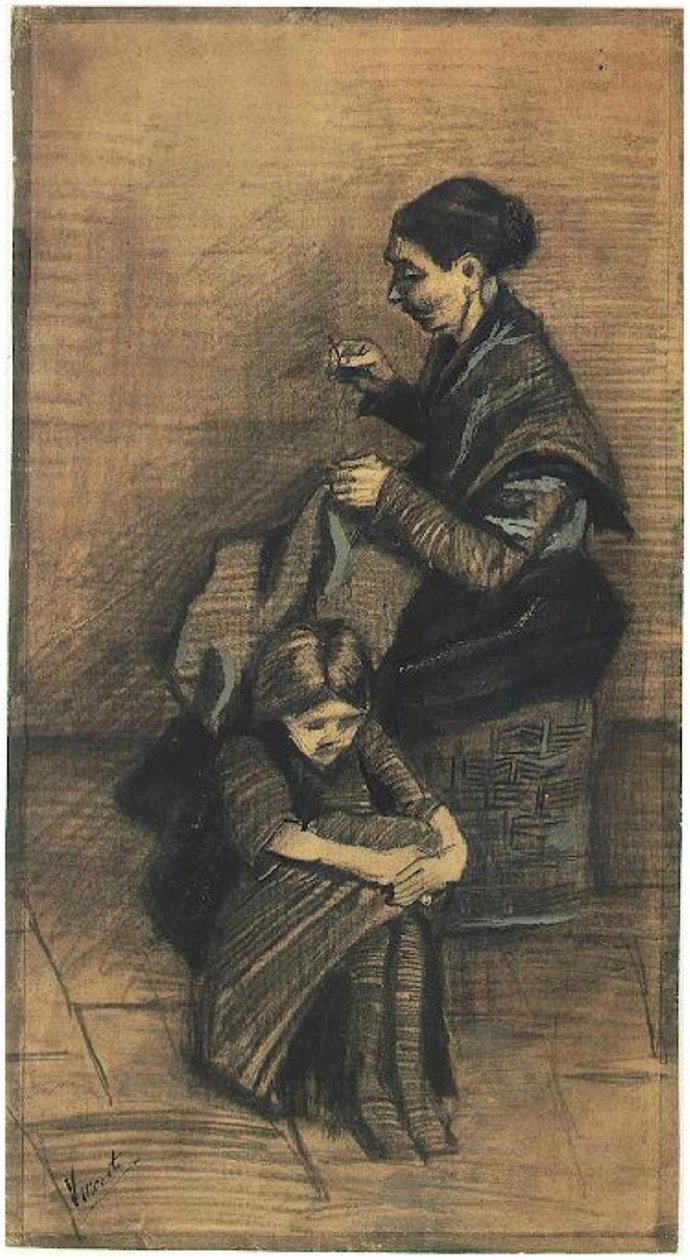 Sien assise sur un panier, avec une fille - Vincent van Gogh