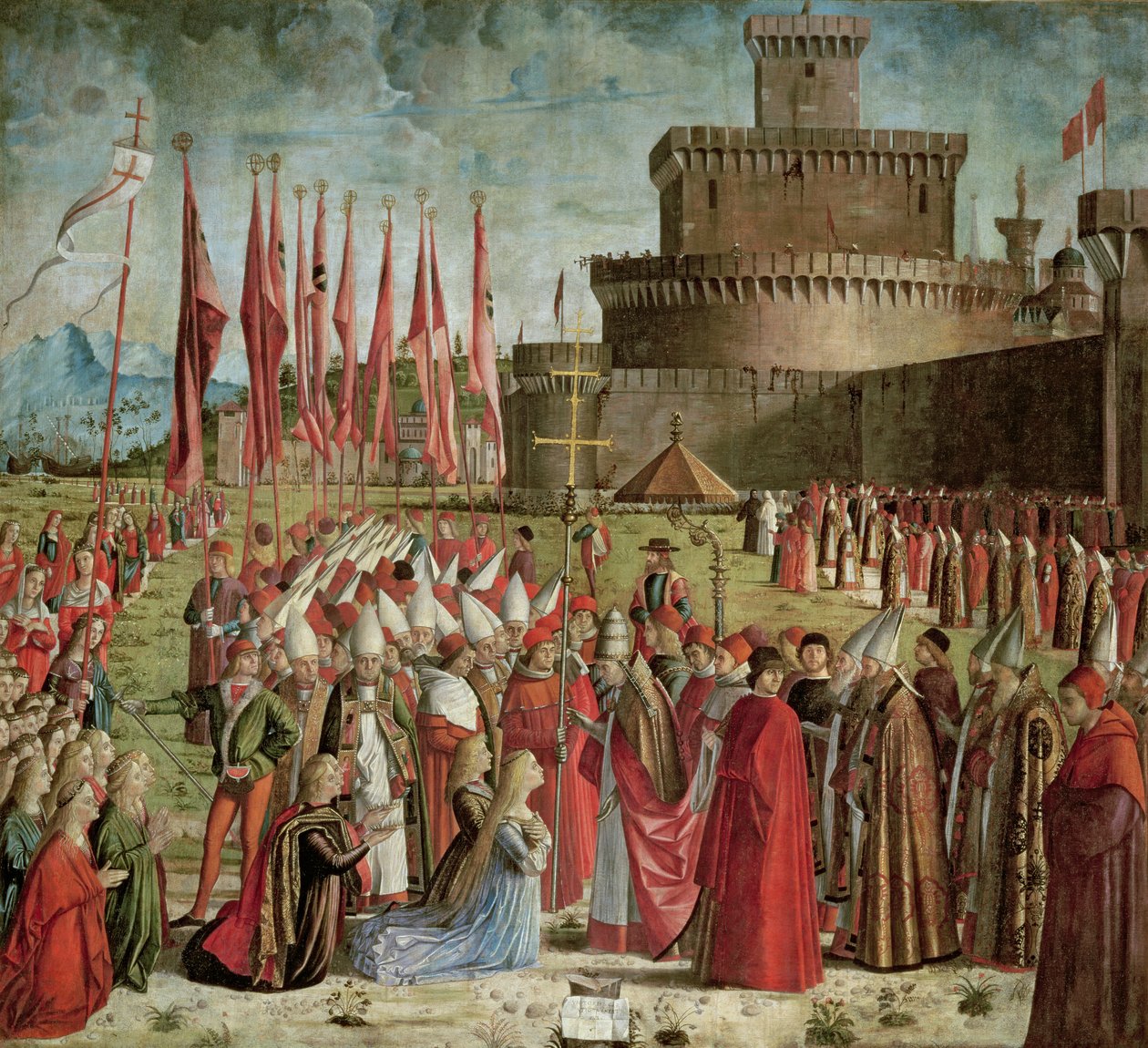 Les Pèlerins rencontrent le Pape Cyriac devant les murs de Rome, du cycle de Sainte-Ursule, 1498 - Vittore Carpaccio