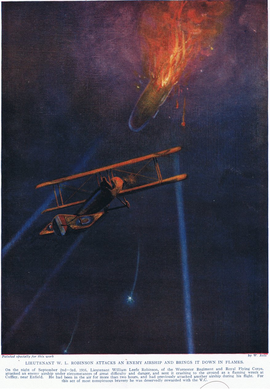 Le lieutenant W.L. Robinson attaque un dirigeable ennemi et le fait tomber, illustration de 