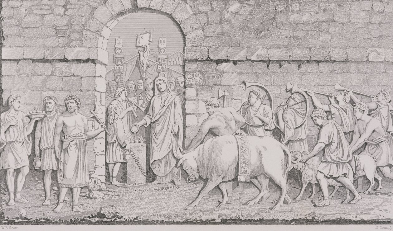 Le grand sacrifice des Romains en entreprenant une guerre, gravé par R. Young, de 