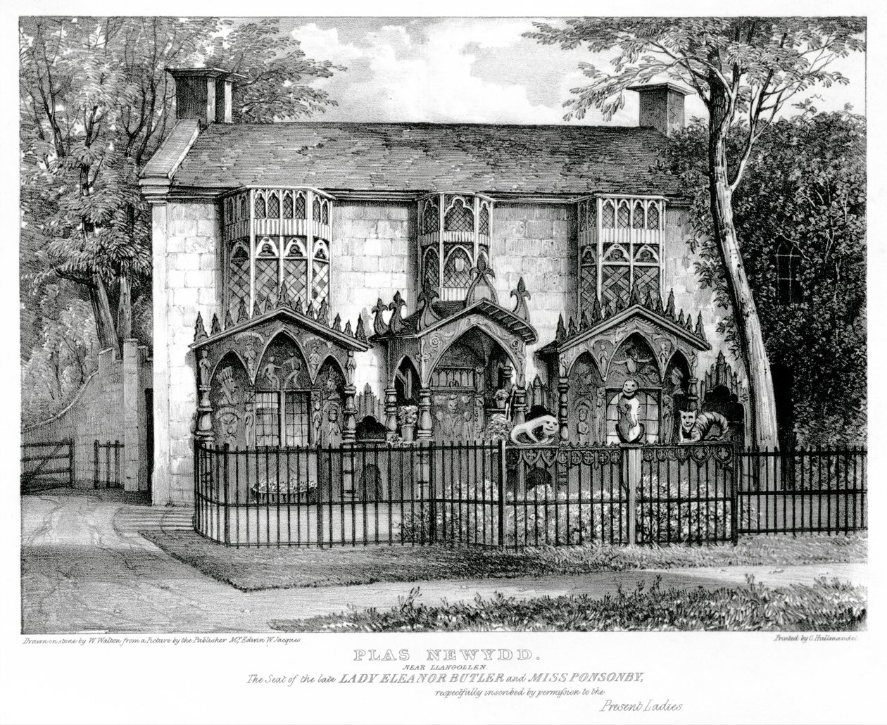 Plas Newydd, près de Llangollen, siège de feu Lady Eleanor Butler (c.1745-1829) et Miss Sarah Ponsonby (d.1831), imprimé par Charles Joseph Hullmandel (1789-1850) - W. after Walton