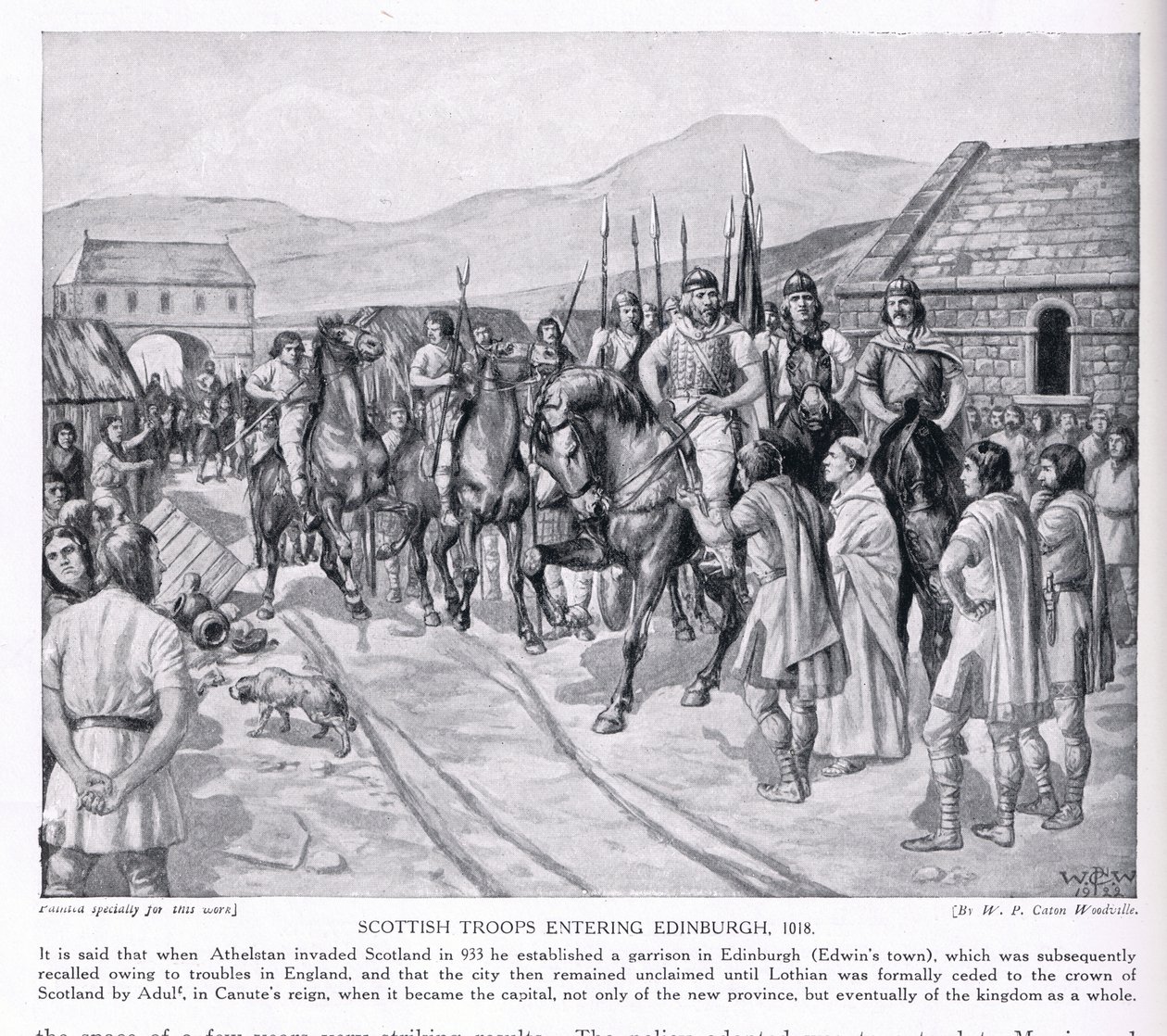 Troupes écossaises entrant à Édimbourg en 1018, années 1920 - W.P. Caton Woodville