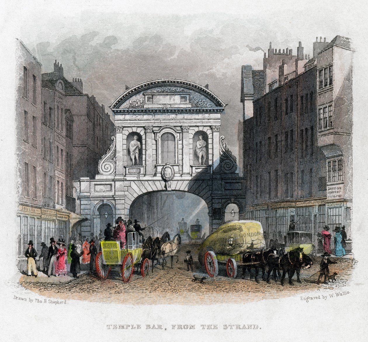 Temple Bar, depuis le Strand, Londres, 1829 - W. Wallis