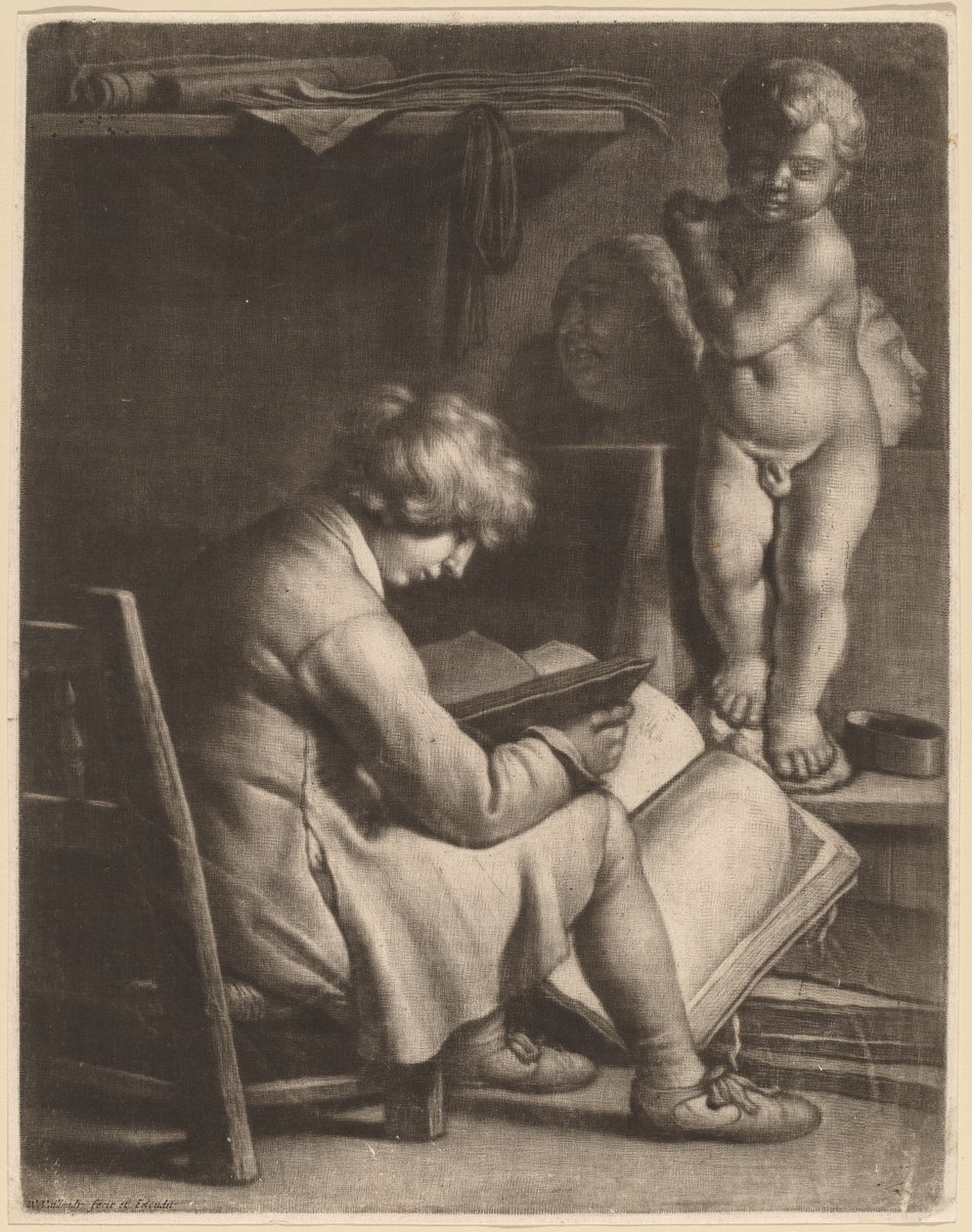 Jeune artiste avec une statue de Cupidon - Wallerant Vaillant